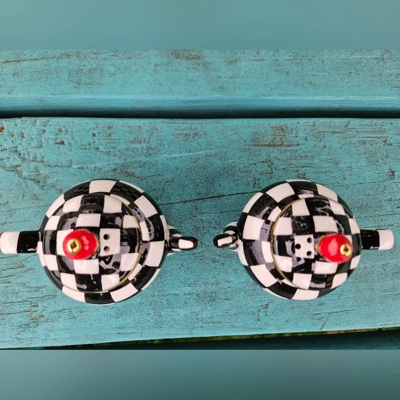 Mackenzie Childs Courtly Check Teapot Salt & Pepper Shakers - Picture 5 of 9